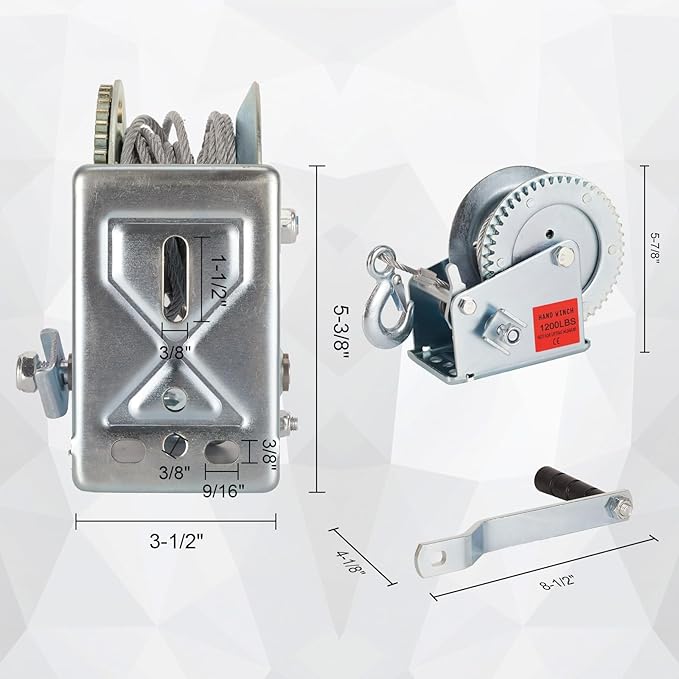 Heavy Duty Hand Winch 1200 lbs with 32 ft Steel Wire Rope, Hand Crank Strap Gear Winch with Steel Wire, for ATVs Boats Trailers Trucks Auto Marine