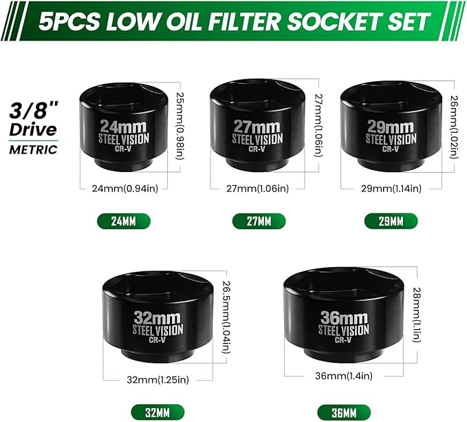 Steel Vision 5-Piece 3/8" Drive Low Profile Oil Filter Socket Set, Metric 24mm, 27mm, 29mm, 32mm, 36mm, Chrome Vanadium Steel, 6-Point Design, Laser-Etched Markings, Includes Storage Case