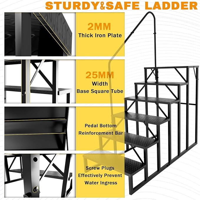 RV Steps with Handrail, Hot Tub Steps Outdoor, 6 Step Ladder Stool, RV Stairs with Anti-Slip Panel, Camper Steps for Spa, Travel Trailers, Pool and Porch