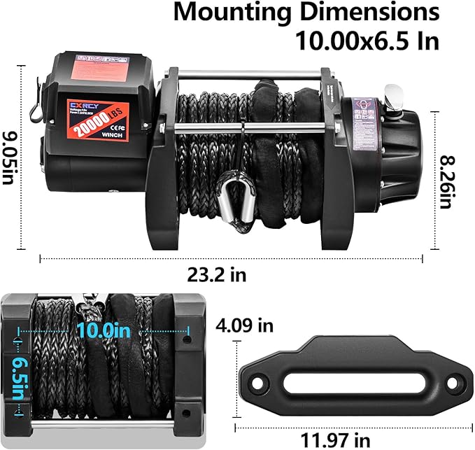 CXRCY 12V Electric Winch,20000LBS Load Capacity Synthetic Rope Towing Winches for Jeep Truck SUV,with Wired Handle and Wireless Remote