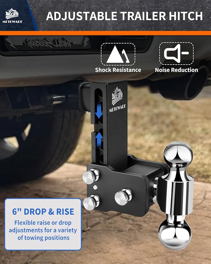 METOWARE Adjustable Trailer Hitch - Drop Hitch - Tow Hitch Fits 2.5 inch Receiver - 6inch Drop/Rise, 2" & 2-5/16" Ball Hitches for Trucks, 18,000 LBS GTW, Trailer Hitches with Anti-Theft Pin Lock