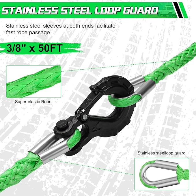 Synthetic Winch Rope Extension, 3/8Inch x 50Ft 26500 Lbs Winch Extension Cable Replacement Tow Ropes Line for Off Road Vehicle ATV UTV Truck SUV Jeep (Green)