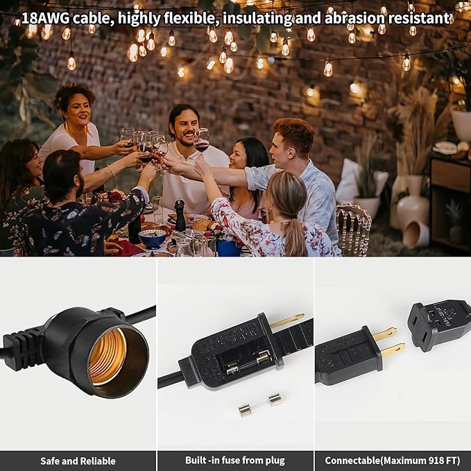 108FT LED Outdoor String Lights, IP65 Waterproof, S14 Shatterproof 27FT*4 Pack Outdoor String Lights (Maximum 918FT) Edison Vintage Bulbs Patio, Balcony, Deck, Garden Lights
