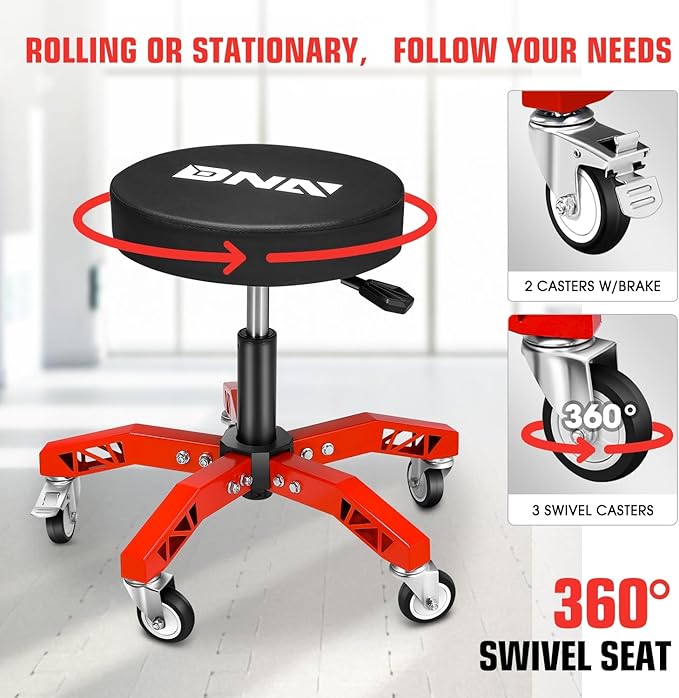 DNA Motoring Rolling Shop Stool, Adjustable Height Padded Rolling Seat, Pneumatic Roller Mechanic Stool for Garages, 300lbs Capacity, TOOLS-00635-BK-RD
