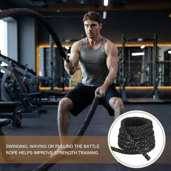 MECCANIXITY Battle Rope 20ft x 1 Inch Polyester Workout Rope Heavy Fitness Exercise Rope for Strength Training Home Gym Muscle Building, Black