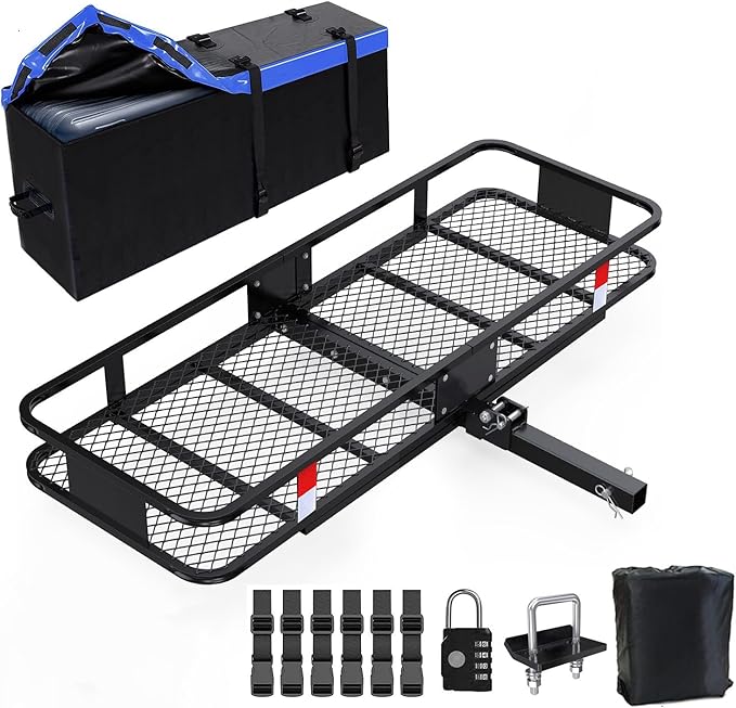 FORWODE 60x24x6 Hitch Carrier for 2 Inch Receiver, 500LB Capacity Hitch Mount Rack with Folding Cargo Basket, Rust-Resistant Coat, Includes Cargo Bag