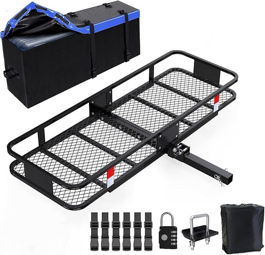 FORWODE 60x24x6 Hitch Carrier for 2 Inch Receiver, 500LB Capacity Hitch Mount Rack with Folding Cargo Basket, Rust-Resistant Coat, Includes Cargo Bag