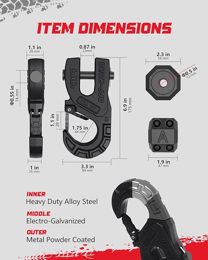 3/8" Tow Winch Hook with Cable Stopper, 10T Winch Hook, Upgrade Heavy Duty Forged Steel Winch Hook, 31967lbs Max Strength, Clevis Clip Hook Set for Synthetic Rope, Off-Road Vehicle, Black