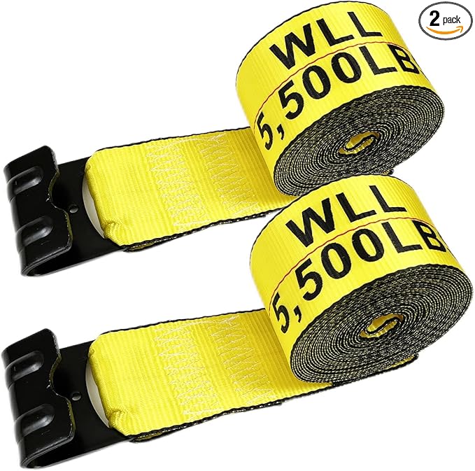 KJE Winch Straps 4" x 30' Yellow Heavy Duty Tie Down w/Flat Hooks Flatbed Trailer Strap WLL# 5,500 lbs | 4 Inch Cargo Control for Flatbed Truck(2 Pack)