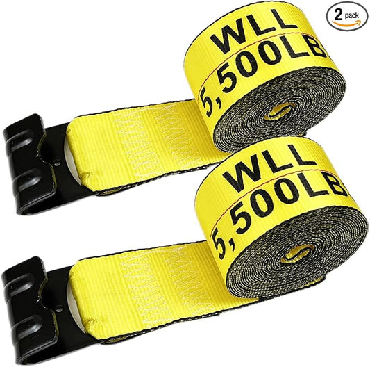 KJE Winch Straps 4" x 30' Yellow Heavy Duty Tie Down w/Flat Hooks Flatbed Trailer Strap WLL# 5,500 lbs | 4 Inch Cargo Control for Flatbed Truck(2 Pack)