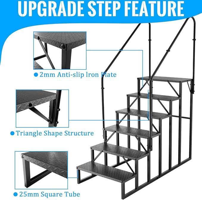 RV Stairs 6 Step Ladder, RV Steps Anti-Slip, Hot Tub Steps with Handrail, 660 lbs RV Ladder for 5th Wheel RV, Mobile Home Stairs(2handrails)