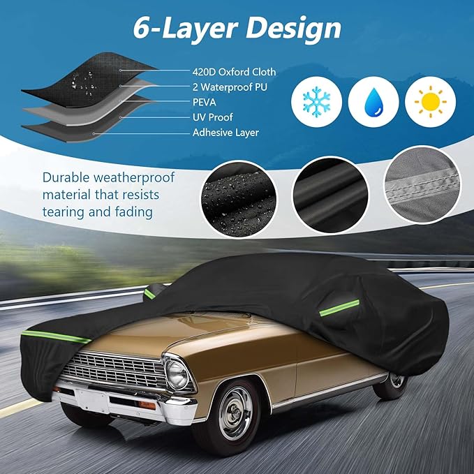 Waterproof Car Covers for Chevrolet II Nova/Nova SS 350/350 SC Sedan/Coupe 1962-1974,420D Oxford Cloth Sun Heat Protection Outdoor Full Covers with Driver Side Zipper Windproof Heavy Duty All Weather