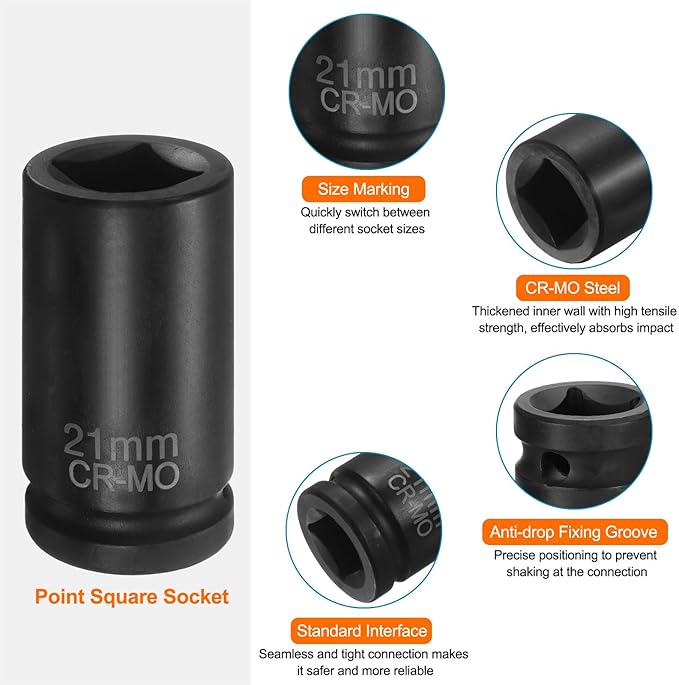 HARFINGTON 3pcs 4 Point Square Socket 3/4" Drive 21mm Metric Square Impact Socket CR-MO Blackening Standard Wheel Sleeve Pneumatic Sleeve Tool for Auto Repair Mechanical Maintenance Home Use