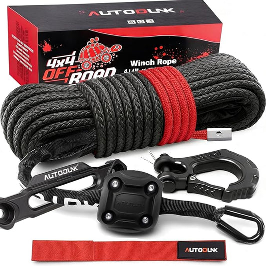 Synthetic Winch Rope-3/16 x 50ft 8,450LBS Winch Line with 4-7/8" Fairlead, Forged Winch Hook and Rubber Stopper, Protective Sleeve Synthetic Winch Cable for 4WD ATV UTV Offroad Vehicles Black