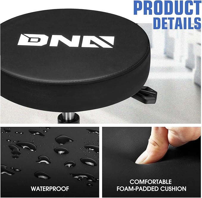 DNA Motoring Rolling Shop Stool, Adjustable Height Padded Rolling Seat, Pneumatic Roller Mechanic Stool for Garages, 300lbs Capacity, TOOLS-00635-BK-BL