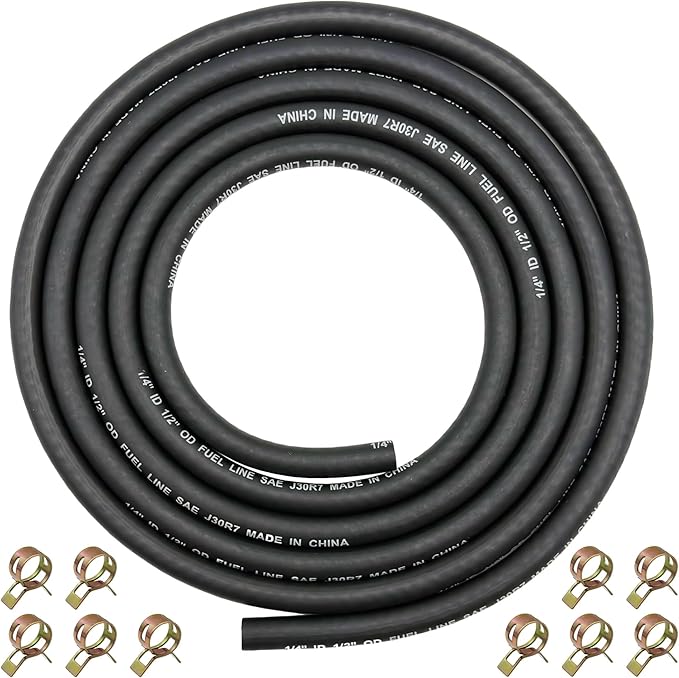 1/4" ID Fuel Hose Line Braided NBR Rubber Tubing 8 Feet for Automotives Generator Lawn Mower with 10 Clamps (6.4mm ID)