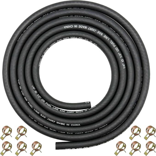 1/4" ID Fuel Hose Line Braided NBR Rubber Tubing 8 Feet for Automotives Generator Lawn Mower with 10 Clamps (6.4mm ID)