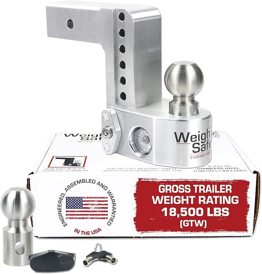 Weigh Safe Aluminum Adjustable Trailer Hitch - Towing Hitch with Built-In Tongue Weight Scale - Compatible with 2.5" Receivers - 6" Drop, Stainless Steel Tow Balls, 18,500 GTW, 1-Piece Lock Set