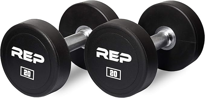 REP Fitness Urethane Coated Round Dumbbells, 5 to 100 lbs, Singles or Pairs, With or Without Rack, Steel Core, Rubber Encased, Chrome Handles, Professional Weights for Home Gym Strength Training