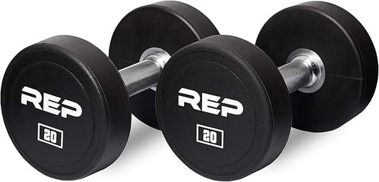 REP Fitness Urethane Coated Round Dumbbells, 5 to 100 lbs, Singles or Pairs, With or Without Rack, Steel Core, Rubber Encased, Chrome Handles, Professional Weights for Home Gym Strength Training