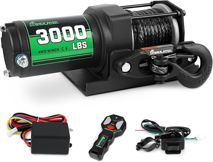 STIMULATER 3000lb ATV Winch with Synthetic Rope,Electric Winch 12V, with Wireless Remote Control and Manual Switch, with Hawse Fairlead,IP67 Waterproof,Suitable for Most Trailer, Boat and ATV Winch