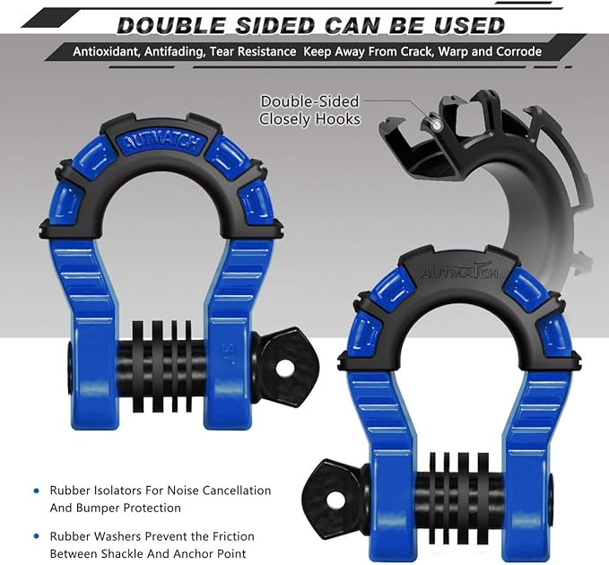 AUTMATCH D Ring Shackles 3/4" Mega Shackle (2 Pack) 68,000Ibs Break Strength - Heavy Duty Clevis Shackles with 7/8" Screw Pin and Isolator Washer for Tow Strap Winch Off Road Vehicle Recovery, Blue