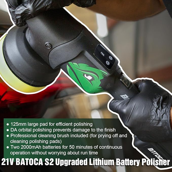 BATOCA 21V Cordless Polisher for Cars - 2.0Ah Lithium Battery Powered Car Buffer Kit, 4500RPM orbital with pads & Buffing Pads Cleaning Brush - Professional Auto Detailing Tool (Upgraded from S2)