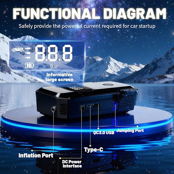 Jump Starter with Air Compressor, 3000A Peak Car Battery Jump Starter(9.0 Gas/6.5L Diesel), 150PSI 12V Jump Box Car Battery Jumper Starter Portable with Smart Jumper Cables, LED Lights, LCD Display