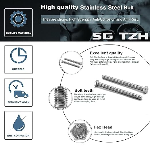 1/4-20 x 1-1/2" Hex Head Screw Bolt, 10Pcs 18-8 (304) Stainless Steel, Fully Threaded, Plain Finish, by SG TZH