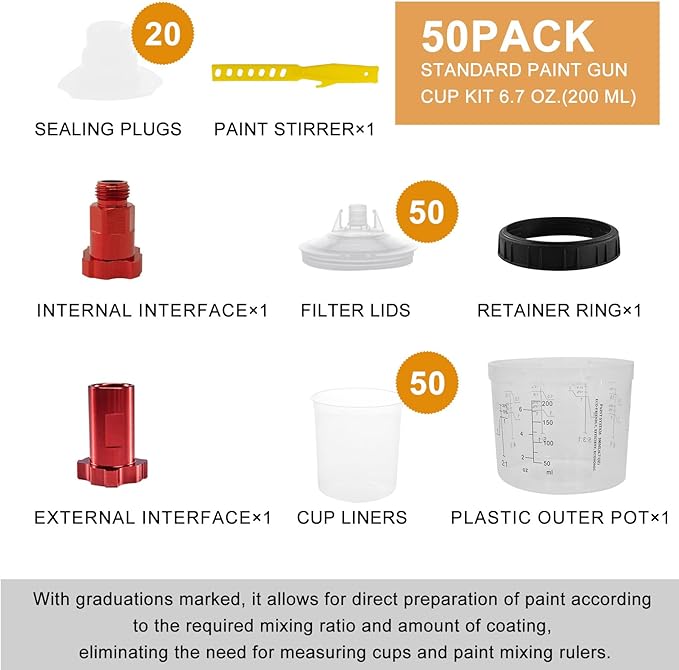 RRJ Disposable Paint Cup Automotive Spray Gun Paint System, for LVLP/HVLP Spray Gun Kit 6.7 Ounce(200ML) Mixing Cups with 50 Liners and Lids, 1 Hard Cup with Retainer Ring, 2 Adapter, Stirrer