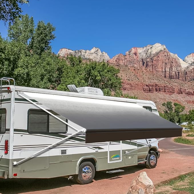 Suncode Manual RV Awning White Modular Retractable Awning Complete Kit for RV,5th Wheel,Travel Trailers,Toy Haulers,Motorhome RV Trailer Awning for Home or Camper-14x8Ft-Black Fade
