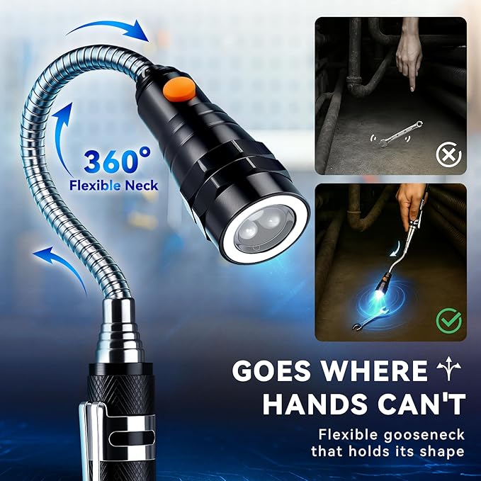 VIBELITE Extendable Magnetic Flashlight with Telescoping Magnet Pickup Tool-Cool Gadget Christmas Gifts Stocking Stuffers for Men, Teen Boys, Husband, Dad, Father, Mechanic, Him, Women, Black