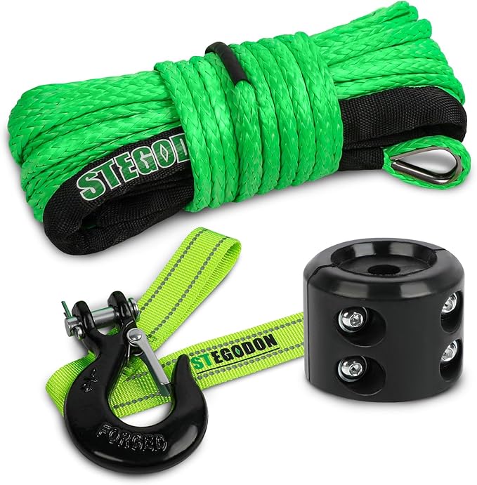 Synthetic Winch Rope, 1/4'' x 50ft 10,000LBS Synthetic Winch Line 1/4 Winch Cable Replacement Synthetic Rope with Forged Winch Hook and Rubber Stopper for 4WD Off Road Vehicle ATV UTV (Green)
