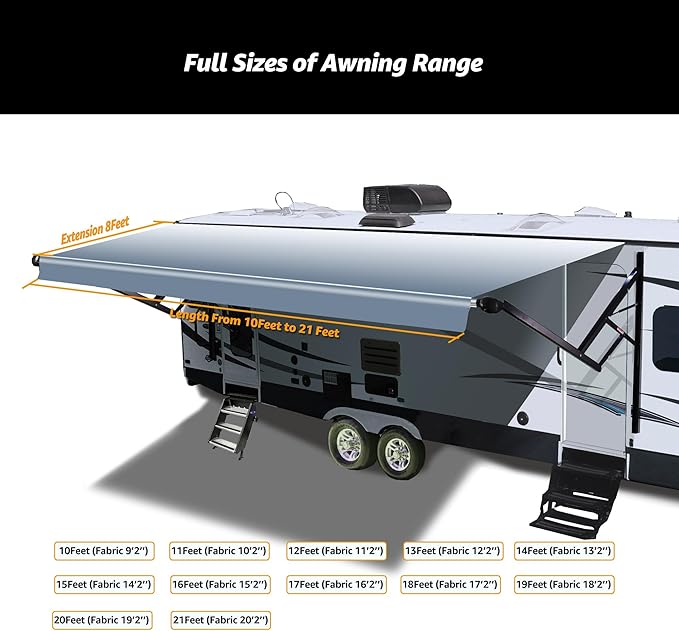 RV Electric Retractable Awning, Black Frame and Fabric Assemblies Full Set for RV, 5th Wheel,Travel Trailers,Motorhome Trailer Awning for Home or Camper - Solid Black, 18Feet(Fabric 17'2")