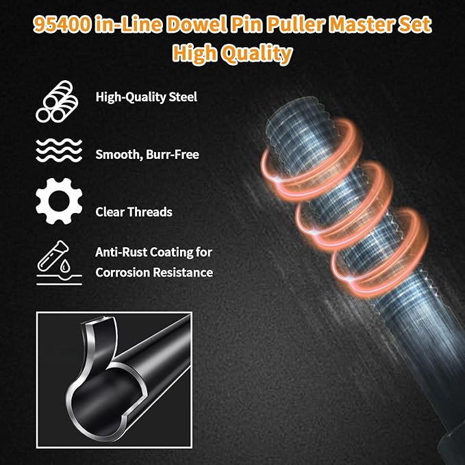 18Pcs 95400 in-Line Dowel Pin Puller Master Set Dowel Dismantling Tools Includes Both SAE and Metric Collets, SAE Set: 1/2″, 1/4″, 3/8″, 3/16″ ,5/16″; Metric Set: 4mm, 5mm, 6mm, 8mm, 10mm, 12mm