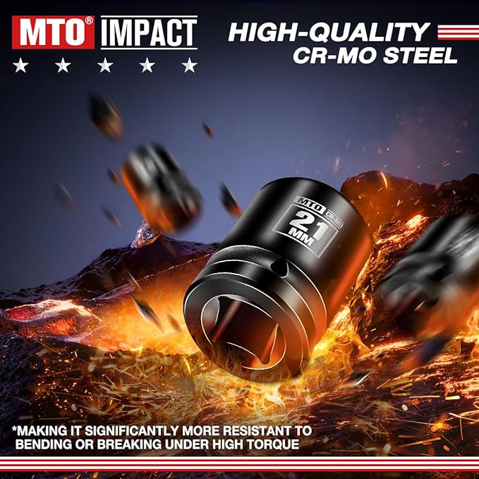 MTO 1/2" Drive 21mm Shallow Impact Socket, 6-Point Metric Socket, CR-MO Steel & Anti-Corrosion Coating for Tight Spaces and Heavy-Duty Tasks