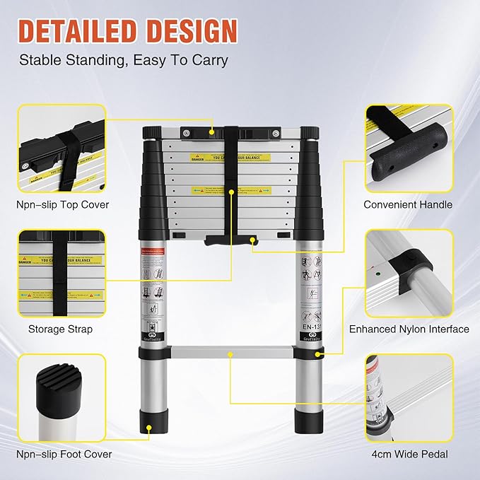 10.5 FT Aluminum Telescoping Ladder, One Button Retraction Extension Ladder, 375 lbs Load Capacity with Non-Slip Wide Feet, Compact Portable for Indoor Outdoor Use, RV, Attic and Roof Use