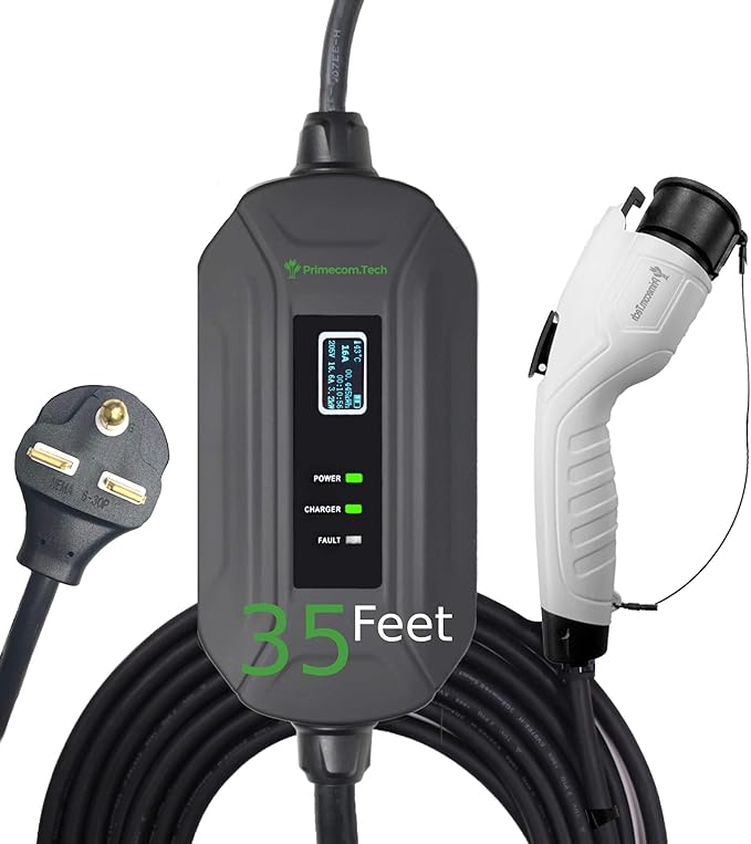 PRIMECOM Level 2 Electric Vehicle (EV) Charger (220V / 240Volt, 16Amp) Portable EVSE Smart Electric Car Charger, 30', 40', and 50 Feet Lengths (NEMA 6-30P, 35 Feet)