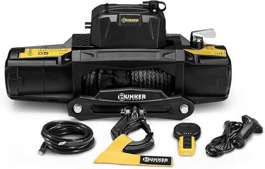 BUNKER INDUST 13000lb Electric Winch 12V Waterproof with Synthetic Rope Fairlead for Truck SUV,DT Socket and a Terminal in Control Box Ready for Added Appliances,Wire and Wireless Remote Control