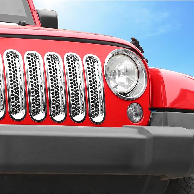 Mesh Grille Grill Insert+Headlight Turn Light Cover Trim Fit for 2007-2018 Jeep Wrangler JK JKU(Chrome)