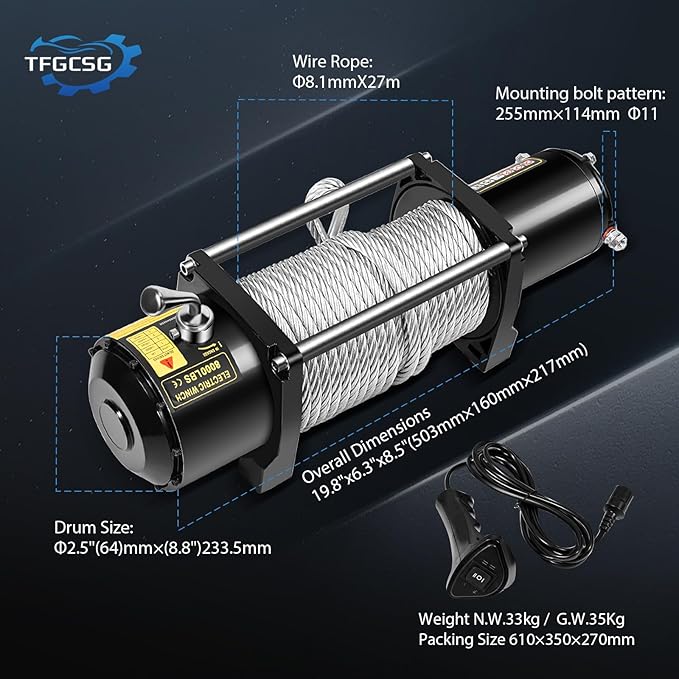 8000LBS electric winch kit, 8000LBS ATV winch UTV Truck winch, 12V winch 8000LBS Steel Cable Winch, with Wireless and Hand Remote Controller & Control Box Assembly & 4-way Roller Fairlead