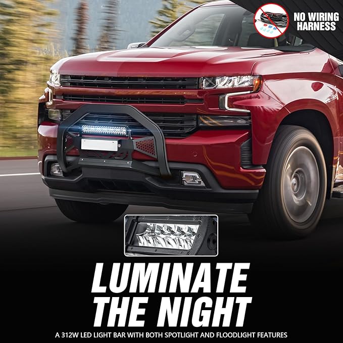 Bull Bar Brush Guard with LED Light Bar & License Plate Frame Compatible with 2019-2024 Chevy Chevrolet Silverado 1500 & GMC Sierra 1500, Front Bumper Push Bar Grill Guard Grille with Skid Plate