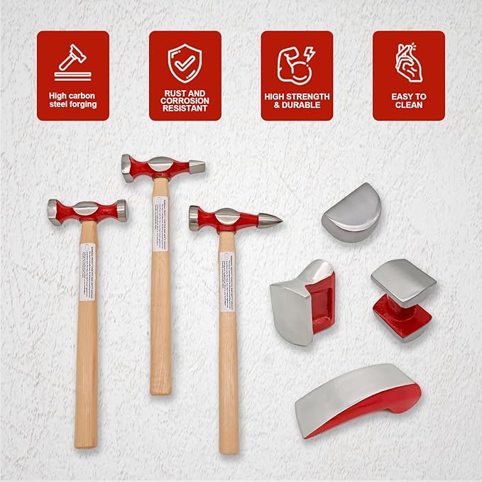 7 Piece Auto Body Repair Kit，Hammer and Dolly Tools with Carbon Steel on Wood Handles,Performance Heavy Duty Dollies Set,Roller Fixer Dent Remover Tool.