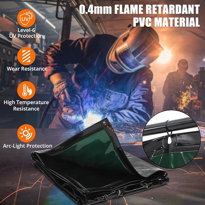 3 Panel 8x6 FT Vinyl Welding Screen with Frame, Flame-Resistant PVC Welding Curtain with Lockable Swivel Wheels, Transparent Welding Screen Panel for Welding Safety, Green