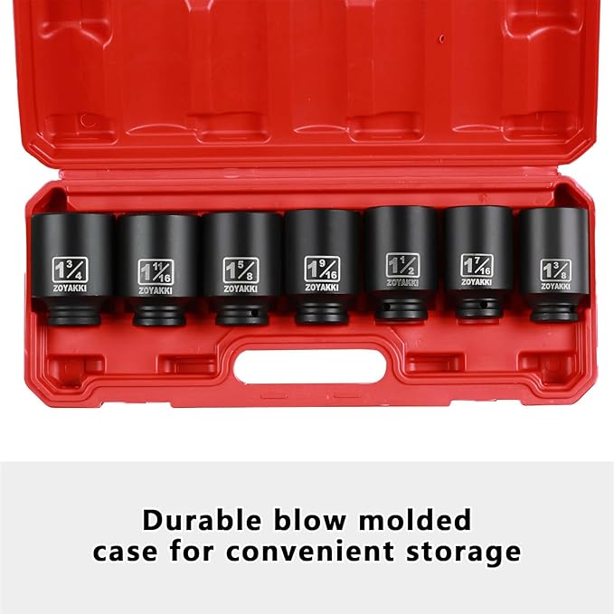 1/2" Drive Deep 6-Point Impact Socket Set,7 PCS Standard SAE (1-3/4 to 1-3/8inch) Spindle Axle Nut Impact Socket Set,Cr-Mo Alloy Steel for Auto Repair, Storage Case