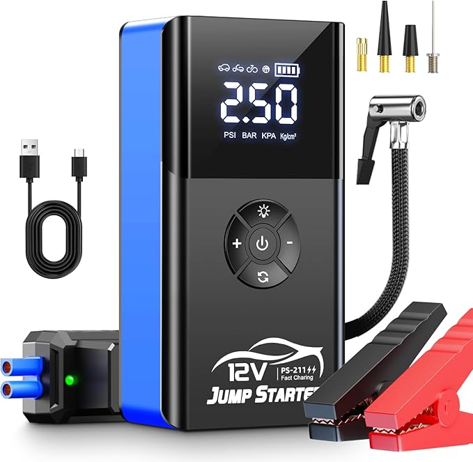 Jump Starter with Air Compressor, 8000A 180PSI, Portable Car Battery Jump Starter (All Gas/12L Diesel) 12V Automobile Jump Box Pack Chargers with Jumper Cables, 4-Mode LED Lights (Blue)