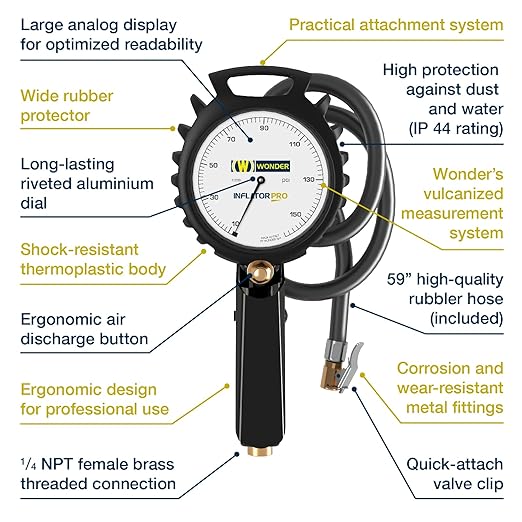 Wonder Analog Professional Tire Inflator Gauge with Versatile 10-159 psi Range, Rugged Design, and Certified Performance for Professionals, Shock-Resistant thermoplastic Body