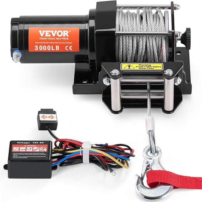 VEVOR ATV Winch, 3000 lb Electric Winch, 12V Small ATV UTV Winch with 3/16 in x 39 ft Steel Cable Roller Fairlead Wired Remote Control, IP55 Waterproof for Towing UTV ATV Car Vehicle Off-Road