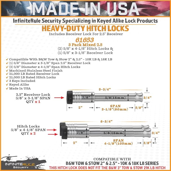 61653 | 3 Pack Mixed 2.5, Keyed Alike, Hitch Locks for B&W 2" & 2.5" Tow and Stow 10K LB & 18K LB - Includes Lock for 2.5" Receiver