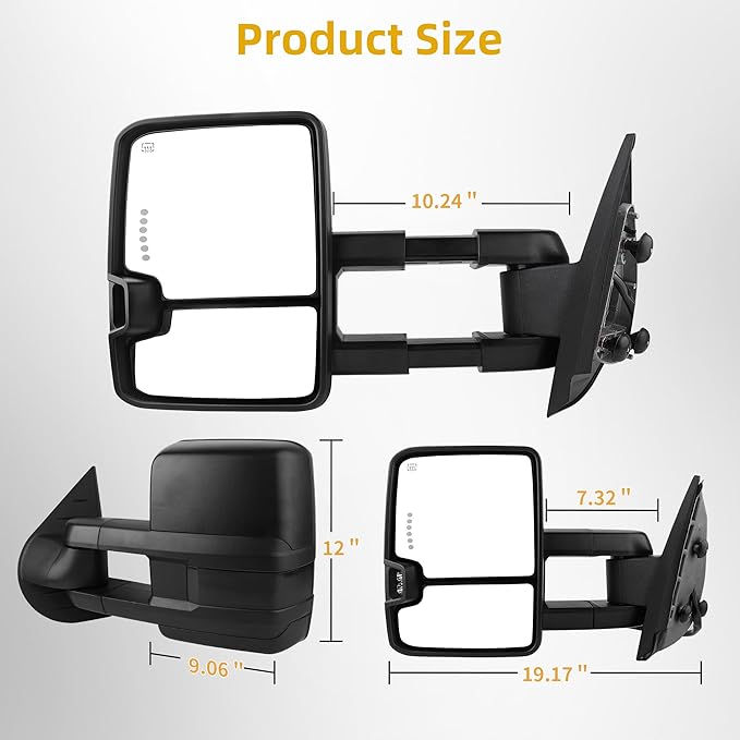 DWVO Towing Mirrors Compatible with 07-13 Silverado 1500 2500 3500 Avalanche Tahoe Suburban GMC Yukon Sierra Cadillac Power Heated Manual Folding Telescoping LED Turn Signal Light Black